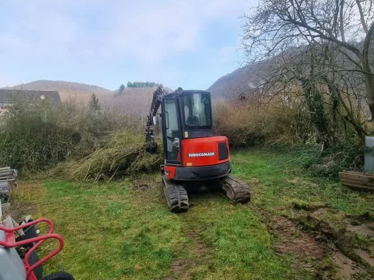 Verwilderte Fläche mit Minibagger vor der Rodung